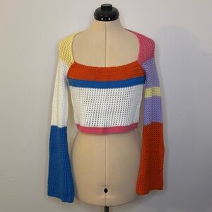 Unbranded Multicolor Color Block Crochet Knit Bell Sleeve Crop Top, Y2K Style
